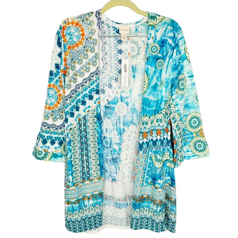 Nwt Chico's Teal Floral Open Front 3/4 Sleeve Cotton Mid-Length Cardigan 2(12))